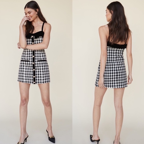 NWT LPA Mariya Herringbone Tweed Mini Dress Black White Large - Picture 1 of 8